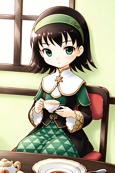 1 girl, indoors, sitting, sitting at table, tea, teacups,
 <lora:Harvest_Moon_Hero_of_Leaf_Valley_-_Dia:0.55> holvdia, black hair, short hair, green hairband, green eyes,
dress, long sleeves, green dress,