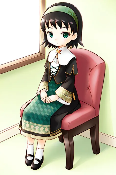 1 girl, indoors, sitting in chair,
 <lora:Harvest_Moon_Hero_of_Leaf_Valley_-_Dia:0.6> holvdia, black hair, short hair, green hairband, green eyes,
dress, long sleeves, green dress, black shoes, black skirt, long skirt,