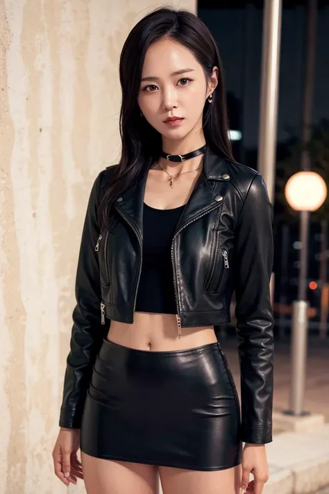 snsdyuri, long hair, night, on a streets, summer, RAW,(8k, best quality, masterpiece:1.2),(intricate details:1.4),(photorealistic:1.4),octane render, complex 3d render ultra detailed, studio soft light, rim light, vibrant details, ultra detailed, realistic skin texture, detailed face, beautiful detailed eyes, extremely detailed CG unity 8k wallpaper, makeup, (detailed background:1.2), (cowboy shot:1.2),(perfect anatomy:1.2),(wide hip:1.1),(black leather jacket, mini skirt, choker, bracelet:1.1), <lora:snsdyuri-v1:1>