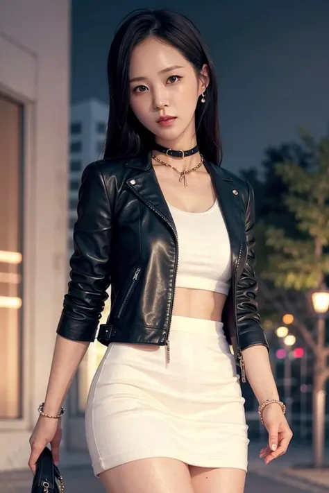 snsdyuri, long hair, night, on a streets, summer, RAW,(8k, best quality, masterpiece:1.2),(intricate details:1.4),(photorealistic:1.4),octane render, complex 3d render ultra detailed, studio soft light, rim light, vibrant details, ultra detailed, realistic skin texture, detailed face, beautiful detailed eyes, extremely detailed CG unity 8k wallpaper, makeup, (detailed background:1.2), (cowboy shot:1.2),(perfect anatomy:1.2),(wide hip:1.1),(black leather jacket, mini skirt, choker, bracelet:1.1), <lora:snsdyuri-v1:1>
