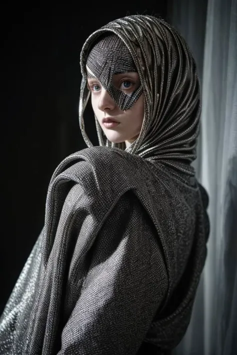 award winning still of a melodrama, medium full shot of young irish girl, wearing (french futurist avant-garde fashion, black and silver:1.5), (dreadful expression:1.2), perfect skin, skin pores, skin fuzz, vellus hair, goose bump, subsurface scattering, transluscency, intricately detailed, dramatic lighting, analog film grain finishing, snapshot-realistic-perfect, the-person-in-question, enhanced-details