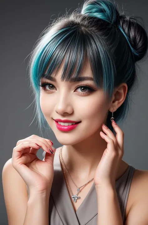 (masterpiece:1.21),(bestquality:1.21),8k,high detailed,ultra-detailed,depth of field,wide angle,1girl,beautiful face,Graceful Hands,Real Skin Texture,solo,looking at viewer,clean background trending,(portrait photo of a gray backdrop),black eyes,beautiful detailed eyes,random_color_lipstick,eyeliner,eyelashes,random_color_nail_polish,earrings,necklace,
Pastel blue Hair,hair bun,Kind Smile,High key lighting,shadow
<lora:Detail Slider V2 By Stable :0.4>