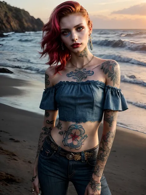 (style of Peter Lindbergh:1.3),(full color fashion shot of 24 year old woman, portrait, masterpiece, perfect face, cowboy shot:1.1),young adult woman model,(sultry and glamorous look),sunlit beach backdrop,((trendy outfit)),high-waisted jeans,((intricately detailed off-shoulder crop top with delicate lace trim and subtle floral embroidery)),beachy waves hairstyle,golden hour lighting,playful and seductive pose,vibrant blue ocean in the background,subtle vintage filter,golden hour lighting,subtle tattoo (masterpiece:1.2),(punk girl,tattooed,rebellious,piercings,edgy,vibrant,mistress,glamour:1.2)