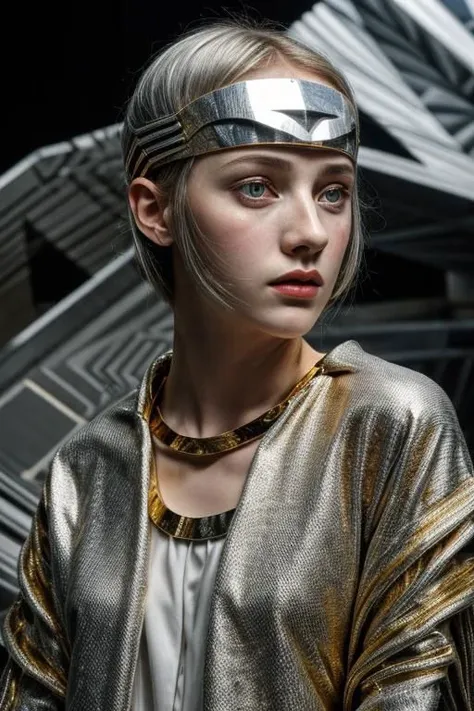 award winning movie still of a melodrama, medium full shot of young irish girl, wearing (french futurist avant-garde fashion, gold and silver:1.5), (sinister expression:1.2), perfect skin, skin pores, skin fuzz, vellus hair, goose bump, subsurface scattering, transluscency, intricately detailed, dramatic lighting, analog film grain finishing, snapshot-realistic-perfect, the-person-in-question, enhanced-details