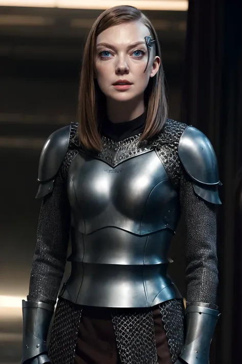 a woman in a armor suit standing in a room