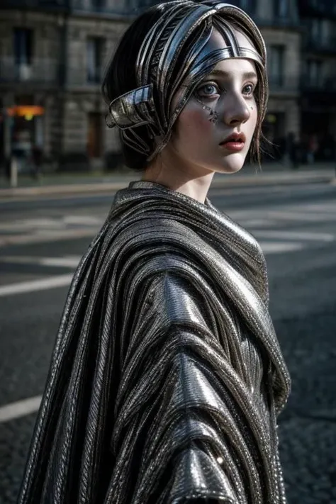 award winning still of a melodrama, medium full shot of young irish girl, wearing (french futurist avant-garde fashion, black and silver:1.5), (dreadful expression:1.2), perfect skin, skin pores, skin fuzz, vellus hair, goose bump, subsurface scattering, transluscency, intricately detailed, dramatic lighting, analog film grain finishing, snapshot-realistic-perfect, the-person-in-question, enhanced-details