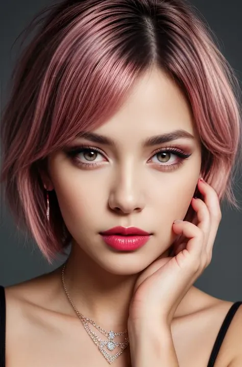 (masterpiece:1.21),(bestquality:1.21),8k,high detailed,ultra-detailed,depth of field,wide angle,1girl,beautiful face,Graceful Hands,Real Skin Texture,solo,looking at viewer,clean background trending,(portrait photo of a gray backdrop),black eyes,beautiful detailed eyes,random_color_lipstick,eyeliner,eyelashes,random_color_nail_polish,earrings,necklace,
Bright pink Hair,asymmetrical Haircut,Happy Birthday,cinematic lighting,
<lora:Detail Slider V2 By Stable :0.4>