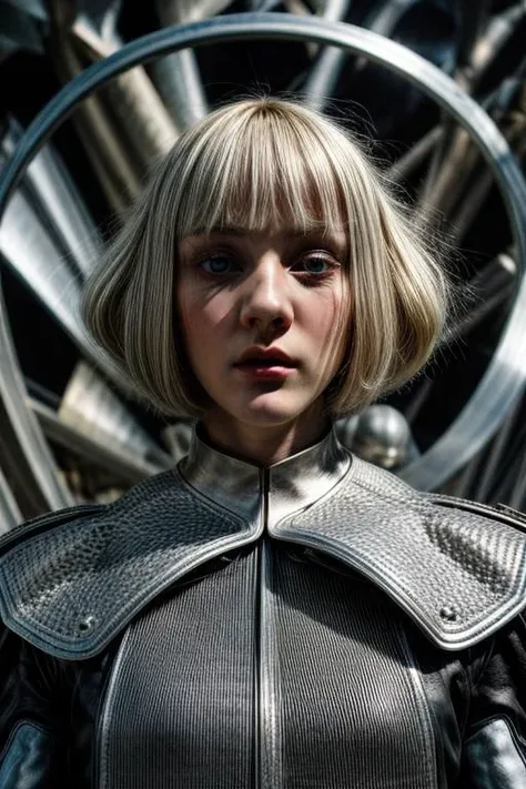 award winning still of a melodrama, medium full shot of young platinum blond irish girl, wearing (french futurist avant-garde fashion, steel and leather:1.5), (sinister expression:1.2), perfect skin, skin pores, skin fuzz, vellus hair, goose bump, subsurface scattering, transluscency, intricately detailed, dramatic lighting, analog film grain finishing, snapshot-realistic-perfect, the-person-in-question, enhanced-details
