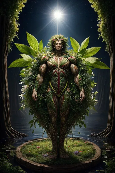 (Futuristic vegetable vision, human-vegetable hybrid:1, branches veins, tree-bark chest, leafy eyes glowing with flowery streams, wooden limbs, flowers synchronizing movements, branches intertwining with muscles, a synergy of vegitable and biology.)