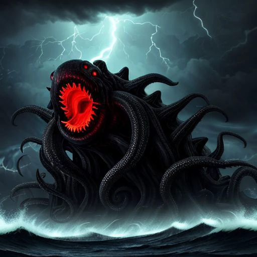 terrifying gigantic tentacle monster, dozens of tentacles, huge drooling mouth, fangs, glowing eyes, in a thunderstorm, at sea