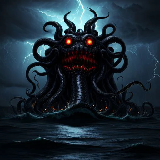 terrifying gigantic tentacle monster, dozens of tentacles, huge drooling mouth, fangs, glowing eyes, in a thunderstorm, at sea