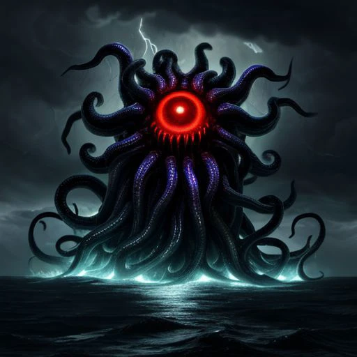 terrifying gigantic tentacle monster, dozens of tentacles, huge drooling mouth, fangs, glowing eyes, in a thunderstorm, at sea