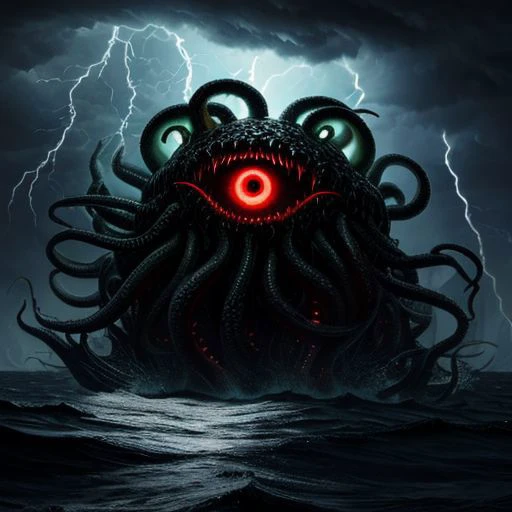 terrifying gigantic tentacle monster, dozens of tentacles, huge drooling mouth, fangs, glowing eyes, in a thunderstorm, at sea