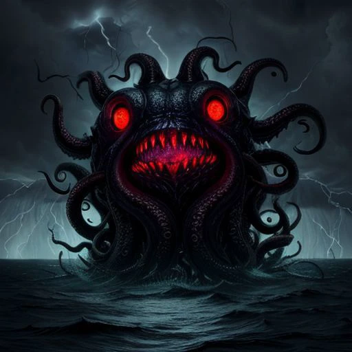 terrifying gigantic tentacle monster, dozens of tentacles, huge drooling mouth, fangs, glowing eyes, in a thunderstorm, at sea
