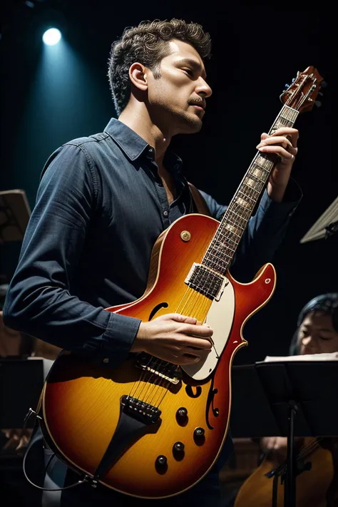 (Musical sorcerer, human-guitar blend:1, strings resonating across the body, melodies flowing from the soul, fingers strumming rhythms of existence, enveloped in a symphony of creative vibrations.)