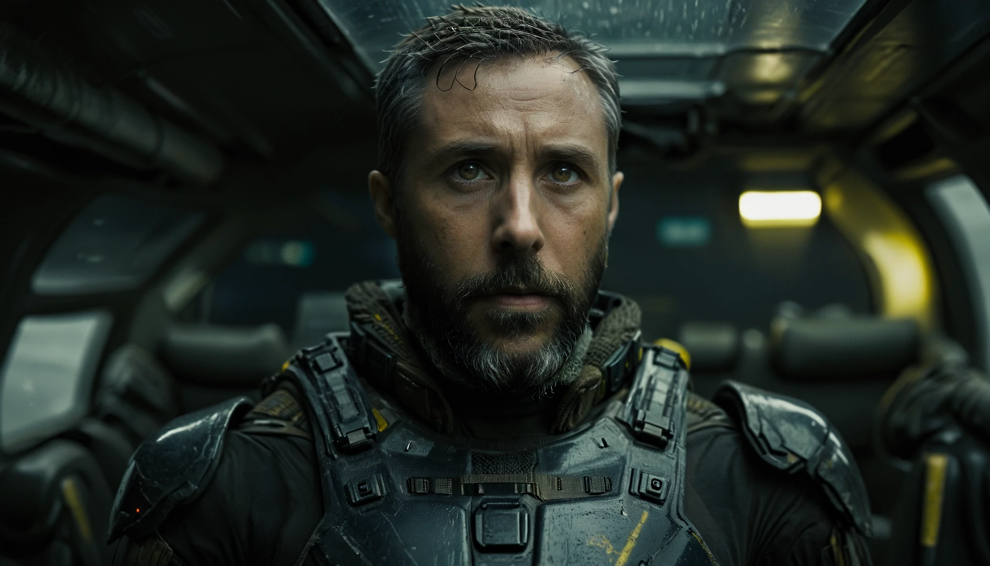 breathtaking cinematic photo Blade Runner 2049, science fiction futuristic film directed by Denis Villeneuve, a cyberpunk ninja in tactical armor, dark and dramatic, grizzled and grey bearded, Blade Runner 2049, science fiction futuristic film directed by Denis Villeneuve, a cyberpunk ninja in tactical armor, dark and dramatic, grizzled and grey bearded . 35mm photograph, film, bokeh, professional, 4k, highly detailed . award-winning, professional, highly detailed