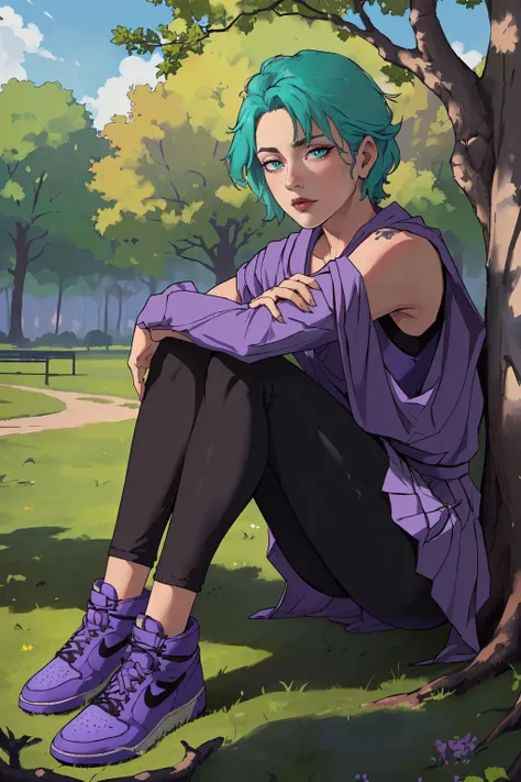 (masterpiece,best quality,absurdres,beautiful,sharp,detailed),sitting,park,trees,outside,dappled sunlight,air_jordan_1,1girl,fourmurasame,purple lipstick, purple shawl, purple dress, black pants,hugging own knees,purple footwear <lora:fourmurasame-nvwls-v1:0.8> <lora:air_jordan_1:0.8>