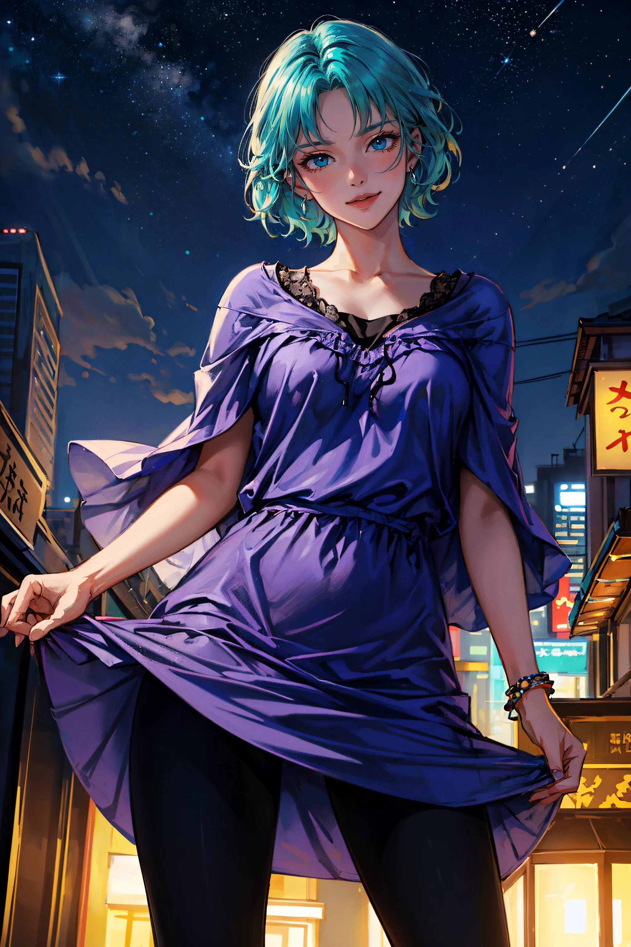 masterpiece,best quality,perfect face,intricate,beautiful scenery,ultra realistic 8k CG,perfect artwork,1girl,medium breasts,beautifuleyes,beutiful face,beautiful skin,beutiful legs,beautiful fingertips,aqua hair,purple lipstick,(purple shawl,purple dress),black pants,leggings,outdoor,realistic background,night,hongkong city,night sky,starlight,milky_way,seductive_smile,from_below,fourmurasame,<lora:fourmurasame-nvwls-v1:0.7>,<lora:flat:-0.5>,