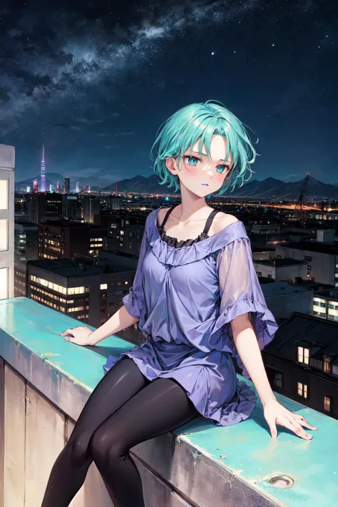 masterpiece,best quality,1girl,(solo),fourmurasame,aqua eyes,purple lipstick,purple shawl,purple dress,black pants,expressionless,sitting on top of building,cityscape,night,starry sky,(wind),<lora:Concept-control tool-add_detail-CyberAIchemist:0.8>,<lora:fourmurasame-nvwls-v1:0.8>,
