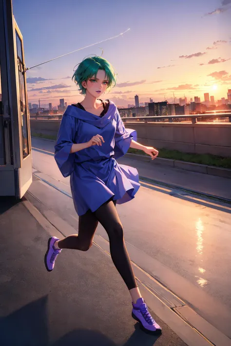 masterpiece, best quality,  <lora:fourmurasame-nvwls-v1-000009:0.9> fourmurasame, green eyes, purple lipstick, purple shawl, purple dress, black pants, purple shoes, running, sky, contrails, sunset, skyline