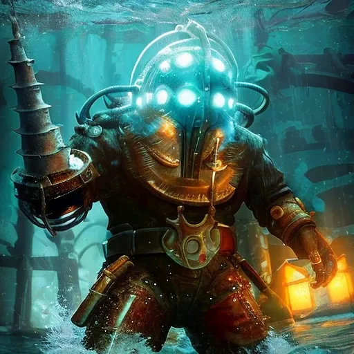 a bigdaddy inside the water close of a deep ruins, under the sea,1gen ,deep water background with ruins,full-length photo, 70mm lens, symmetrical, posing, sharp, textured skin, realistic,intricated detailed ,(perfect fingers:1.2), photographed by a Nikon Z7 II Camera,8k uhd, <lora:Bigdaddy:1>