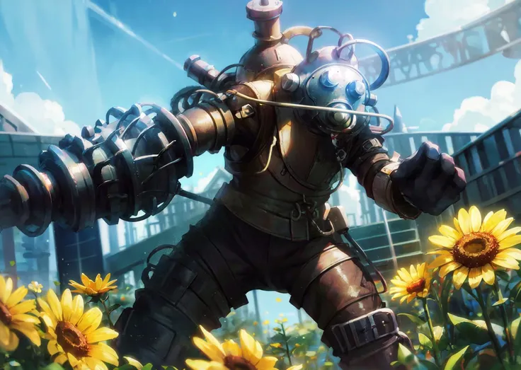masterpiece, best quality, bigdaddy bio, in a field of flowers, gardening, solo <lora:bigdaddyIsHere_v10:0.7>