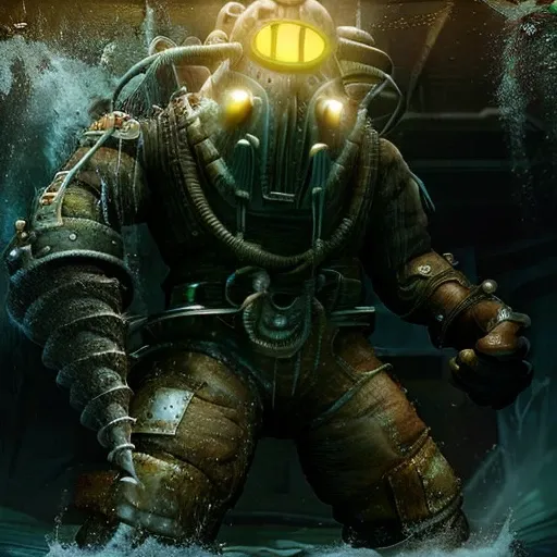 a bigdaddy inside the sewer, (2gen) ,deep water background with ruins,full-length photo, 70mm lens, symmetrical, posing, sharp, textured skin, realistic,intricated detailed ,(perfect fingers:1.2),  photographed by a Nikon Z7 II Camera,8k uhd,     <lora:Bigdaddy:1>