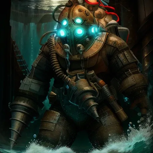 a bigdaddy inside the water close of a deep ruins, under the sea ,deep water background with ruins,full-length photo, 70mm lens, symmetrical, posing, sharp, textured skin, realistic,intricated detailed ,(perfect fingers:1.2), photographed by a Nikon Z7 II Camera,8k uhd, <lora:Bigdaddy-000006:1>