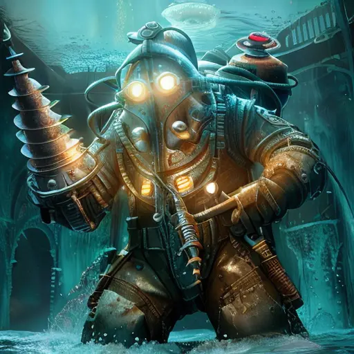 a bigdaddy inside the water close of a deep ruins, under the sea ,deep water background with ruins,full-length photo, 70mm lens, symmetrical, posing, sharp, textured skin, realistic,intricated detailed ,(perfect fingers:1.2), photographed by a Nikon Z7 II Camera,8k uhd, <lora:Bigdaddy-000007:1>