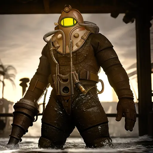 a bigdaddy inside the water close of a deep ruins, under the sea ,deep water background with ruins,full-length photo, 70mm lens, symmetrical, posing, sharp, textured skin, realistic,intricated detailed ,(perfect fingers:1.2), photographed by a Nikon Z7 II Camera,8k uhd, <lora:Bigdaddy-000006:1>
