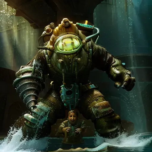 a bigdaddy inside the water close of a deep ruins, under the sea,(1gen) ,deep water background with ruins,full-length photo, 70mm lens, symmetrical, posing, sharp, textured skin, realistic,intricated detailed ,(perfect fingers:1.2), photographed by a Nikon Z7 II Camera,8k uhd, <lora:Bigdaddy:1>
