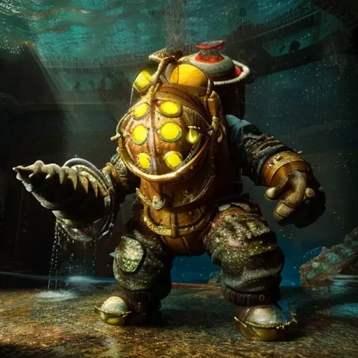 a bigdaddy inside the water close of a deep ruins, under the sea,(1gen) ,deep water background with ruins,full-length photo, 70mm lens, symmetrical, posing, sharp, textured skin, realistic,intricated detailed ,(perfect fingers:1.2), photographed by a Nikon Z7 II Camera,8k uhd, <lora:Bigdaddy:1>