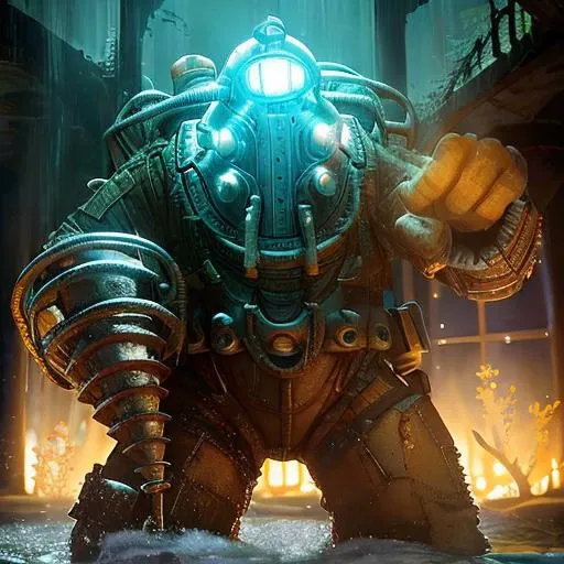 a bigdaddy inside the water close of a deep ruins, under the sea ,deep water background with ruins,full-length photo, 70mm lens, symmetrical, posing, sharp, textured skin, realistic,intricated detailed ,(perfect fingers:1.2), photographed by a Nikon Z7 II Camera,8k uhd, <lora:Bigdaddy-000007:1>