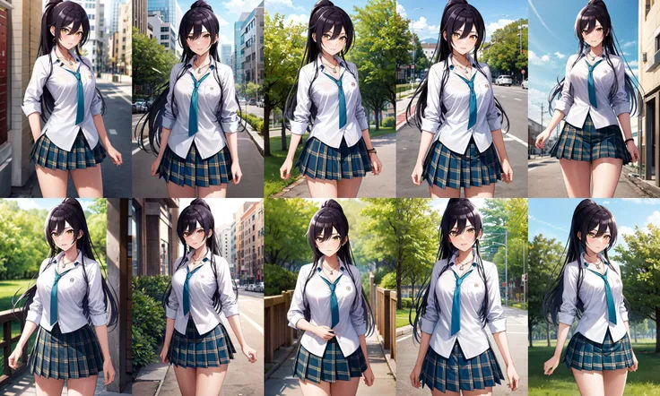 masterpiece, best quality, highres, aasakuya, long hair, high ponytail, breasts, collarbone, necklace, school uniform, green necktie, collared shirt, white shirt, sleeves rolled up, pleated skirt, plaid skirt, <lora:shirase_sakuya_v1:0.7>, standing, cowboy shot, outdoors