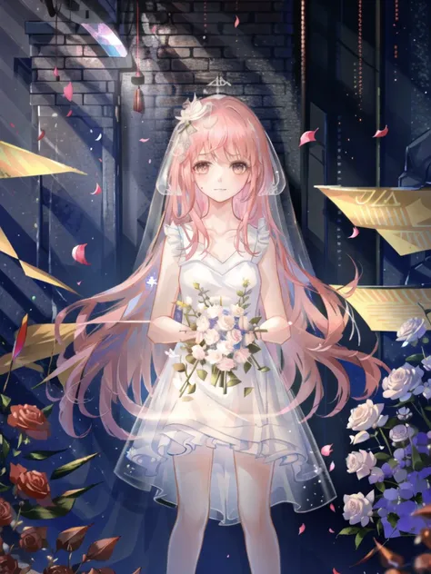 (extremely detailed CG unity 8k wallpaper),(((masterpiece))), (((best quality))),1 girl,full_body, portrait, looking at viewer,bare_shoulders,blush,bouquet,bow,collarbone,dated,dress,flower,furrowed_brow,gloves,gradient_background,hair_between_eyes,hair_intakes,hair_over_shoulder,holding,holding_bouquet,light_blue_background,looking_at_viewer,own_hands_together,pink_flower,pink_rose,ribbon,rose,sidelocks,simple_background,sleeveless,sleeveless_dress,small_breasts,smile,solo,standing,veil,(wedding_dress:1.2),white_background,white_bow,white_dress,white_flower,white_gloves,white_ribbon,white_rose,
 <lora:lora_nikki_A_640-000015:0.85>