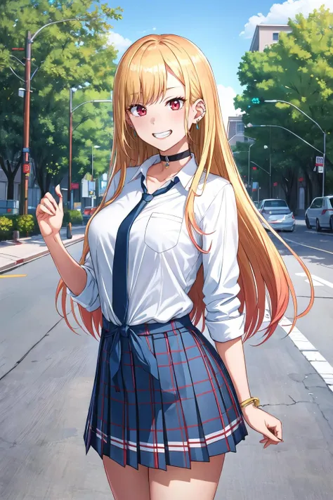 masterpiece, best quality, highres, kitagawa marin, 1girl, blonde hair, long hair, multicolored hair, red eyes, jewelry, earrings, piercing, school uniform, white shirt, tied shirt, black choker, blue necktie, plaid skirt, <lora:kitagawa_marin_v1-1:0.7>, grin, smile, standing, cowboy shot, outdoors, <lora:Bosshi-style-v1_216336:1>