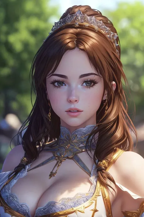 Female human. FFXIV style. straight long dark brown hair. Hazel-green eyes. rose colored lips. big chest. Aymeric de Borel. Hug.