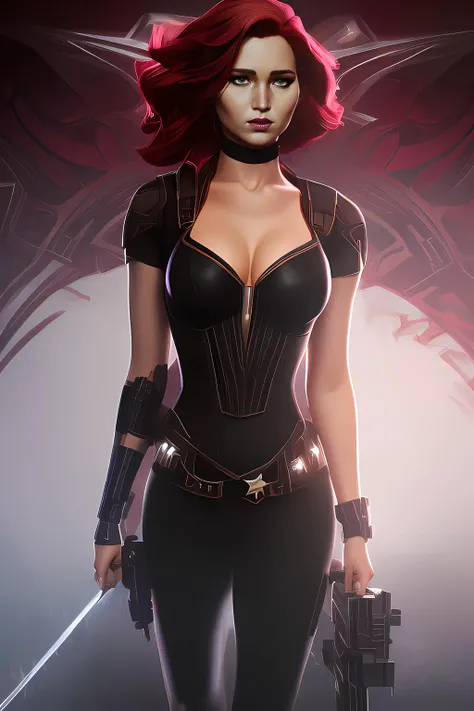 arcane style Jennifer Lawrence as black widow, detailed eyes, detailed face, symmetrical face, black widow, body paint, portrait, pigtails, long hair, bikini, by Ilyas Kuvberevich, cinematic, dramatic atmosphere, high detail