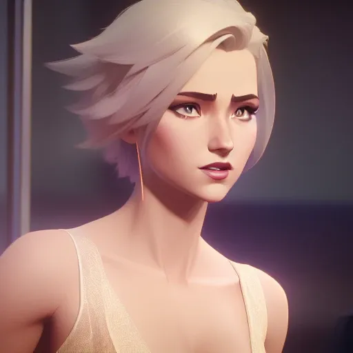 arcane style, attractive short haired blonde woman , 3D, 3d art, 4k, 8 k artistic photography, award-winning photograph, trending on Artstation, Beautiful, 8k resolution, insanely detailed, Intricate, Behance, Cinematic, dramatic atmosphere, cinematic lighting, digital art, dramatic angle, Dramatic light by denis villeneuve, [mix style "pixar and artgerm and dreams work"], Elegant, ethereal lighting, octane render, dynamic lighting, digital painting, extreme plus resolution, fake detail, full image, full of details, global illumination, golden ratio, golden warm light, high contrast, high detail, high res, highly detailed, hyper detailed, intricate details, Masterpiece, perfect composition, photorealistic concept art, Professional, ray tracing, rich deep colors, Saturated, sharp focus, sharp lighting, soft natural volumetric cinematic perfect light, studio photo, studio quality, Stylize, super detail, Symmetry, trending on pixiv fanbox, ultra detail, ultra detailed, unreal engine 5, volumetric lighting