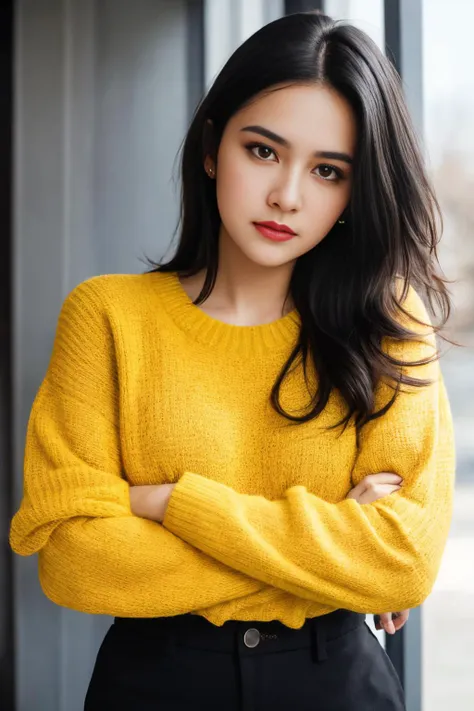 RAW photo, portrait photo of beautiful woman, black hairs, realistic, cute face, yellow sweater,  hard shadows, cinematic shot, dramatic lighting, full body,, detailed skin texture, (blush:0.2), (goosebumps:0.3), subsurface scattering