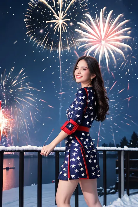 girl, happy new year, flare, ((firework:1.5)), night, night sky,  perfect anatomy, outdoor, detailed face, detailed finger, perfect light, best quality, high res, ultra hd, casual dress, snow, snow man, wind, girl foucs, (skinny legs:1.4), detailed skin texture, (blush:0.2), (goosebumps:0.3), subsurface scattering