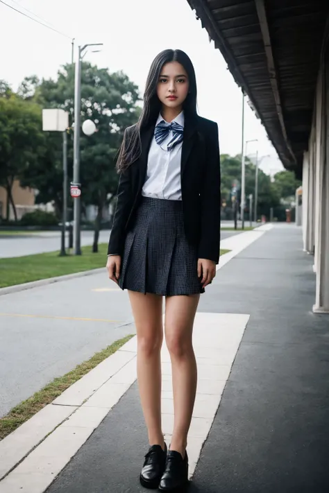 RAW photo, photo of beautiful woman, black hairs, realistic, cute face, school uniform, hard shadows, cinematic shot, dramatic lighting, (skinny legs:1.4), detailed skin texture, (blush:0.2), (goosebumps:0.3), subsurface scattering