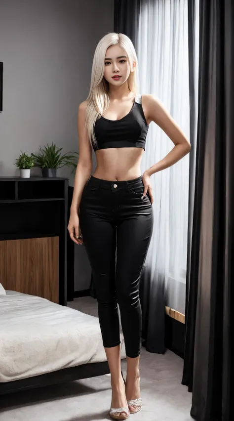 tall, skinny, full body, dark theme, black bedroom, fair skin, caucasian, girl, youthful adult, college age, 21 year old, standing, slim, thong, crop top, medium breasts, hips, neat hair, platinum blonde hair, pencil-thin eyebrows,