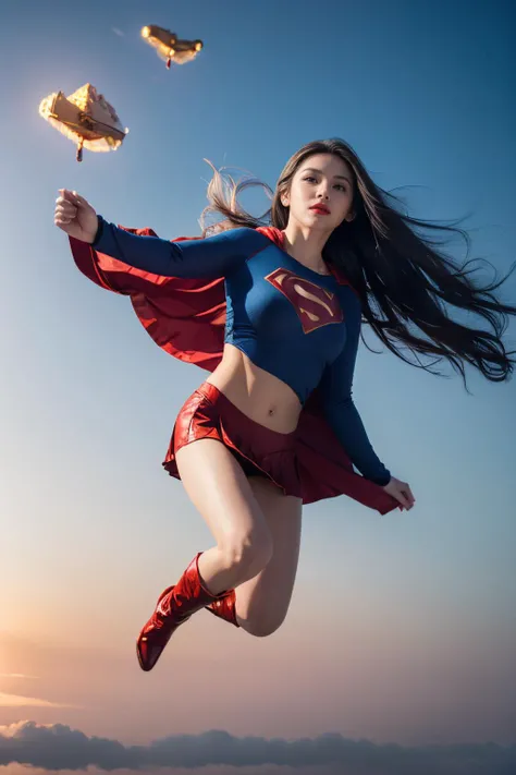 (RAW photo:1.2), (photorealistic:1.4), (masterpiece:1.3), (best quality:1.4), ultra high res, HDR, 8k resolution, 1girl, solo, gold straight hair, ((flying, floating, in the sky:1.5)), from below, panty view, (glowing eyes), (pale skin:1.2), red lips, blue supergirl suit with cloak, long sleeves, red pleated miniskirt, red boots, (fractal:1.3),