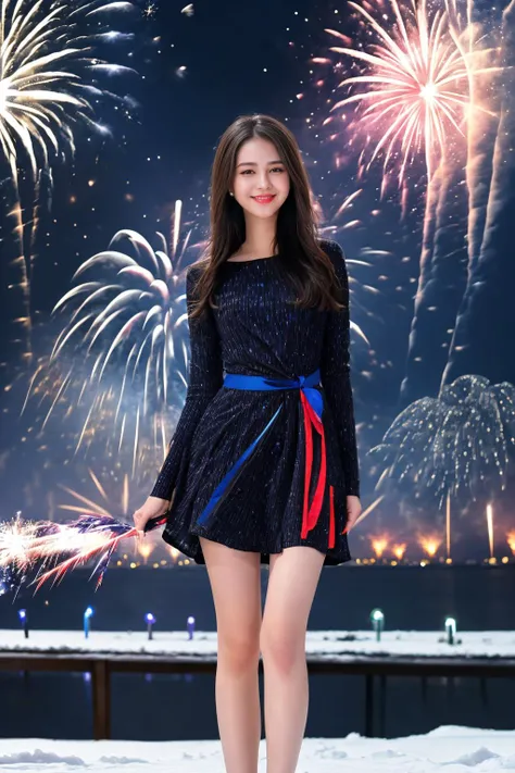 girl, happy new year, flare, ((firework:1.5)), night, night sky, perfect anatomy, outdoor, detailed face, detailed finger, perfect light, best quality, high res, ultra hd, casual dress, snow, snow man, wind, girl foucs, (skinny legs:1.4), detailed skin texture, (blush:0.2), (goosebumps:0.3), subsurface scattering