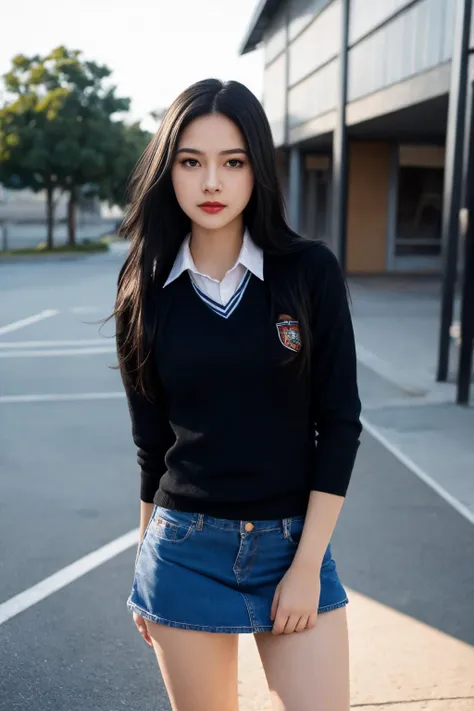 RAW photo, photo of beautiful woman, black hairs, realistic, cute face, school uniform, hard shadows, cinematic shot, dramatic lighting, (skinny legs:1.4), detailed skin texture, (blush:0.2), (goosebumps:0.3), subsurface scattering