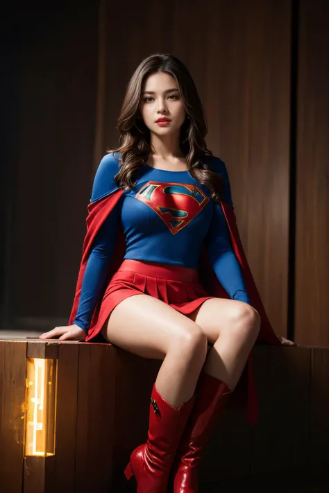 (RAW photo:1.2), (photorealistic:1.4), (masterpiece:1.3), (best quality:1.4), ultra high res, HDR, 8k resolution, 1girl, solo, gold straight hair, sitting, from below, panty,, (glowing eyes), (pale skin:1.2), red lips, blue supergirl suit with cloak, long sleeves, red miniskirt, red boots, (fractal:1.3),