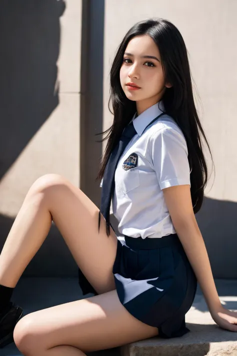 RAW photo, photo of beautiful woman, black hairs, realistic, cute face, school uniform, hard shadows, cinematic shot, dramatic lighting, (skinny legs:1.4), detailed skin texture, (blush:0.2), (goosebumps:0.3), subsurface scattering