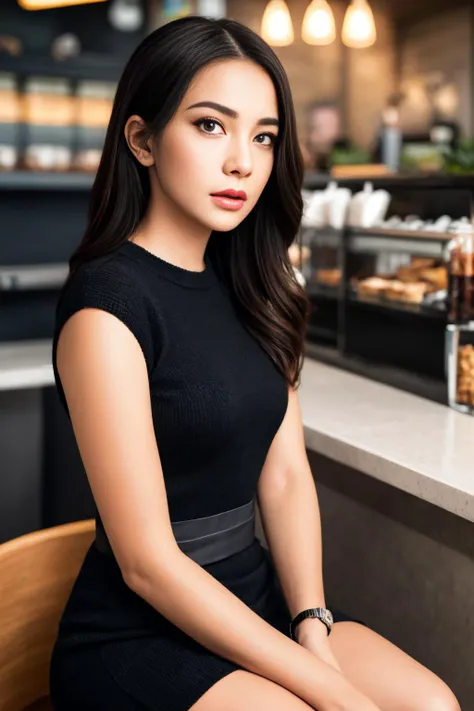 masterpiece, Best quality, masterpiece, ultra high res, (photorealistic:1.4), raw photo, 1girl, wearing black knit dress, waist up, in coffeeshop, deep shadow, dark theme, sitting, Sharp Eyeliner, Blush Eyeshadow With Thick Eyelashes, extremely delicate and beautiful, 8k, soft lighting, high quality, highres, sharp focus, extremely detailed, beautiful detailed eyes, extremely detailed eyes and face,