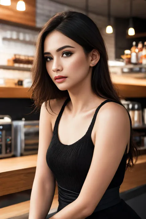 masterpiece, Best quality, masterpiece, ultra high res, (photorealistic:1.4), raw photo, 1girl, wearing black knit dress, waist up, in coffeeshop, deep shadow, dark theme, sitting, Sharp Eyeliner, Blush Eyeshadow With Thick Eyelashes, extremely delicate and beautiful, 8k, soft lighting, high quality, highres, sharp focus, extremely detailed, beautiful detailed eyes, extremely detailed eyes and face,